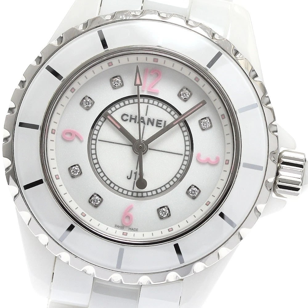 CHANEL J12 PINK LIGHT WATCH: CHANEL J12 Pink light Watch Brand: CHANEL Type: Wristwatch Material: Band Material ceramic, Case Material Ceramic / Stainless Steel Color: Band Color white, Dial Color white, Case Color White / Silver