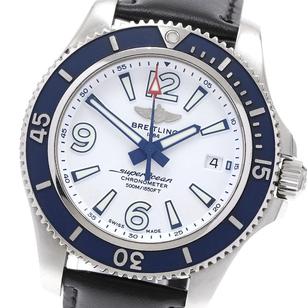 BREITLING SUPER OCEAN DATE WHITE AUTOMATIC WATCH: BREITLING Super Ocean Date white Automatic Watch Brand: BREITLING Type: Wristwatch Material: Band Material leather, Case Material Stainless Steel / leather Color: Band Color black, Dial Color white, C