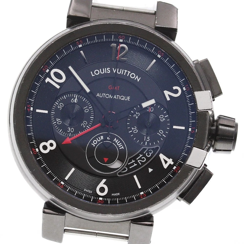 LOUIS VUITTON TAMBOUR GMT CHRONOGRAPH AT WATCH: LOUIS VUITTON Tambour GMT chronograph AT Watch Brand: LOUIS VUITTON Type: Wristwatch Material: Band Material none, Case Material Stainless Steel Color: Band Color none, Dial Color black, Case Color Bl