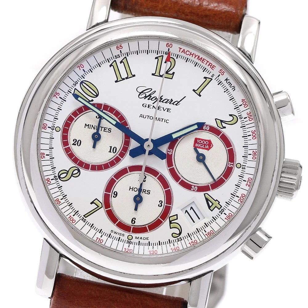 CHOPARD MILLE MIGLIA CHRONOGRAPH AUTOMATIC WATCH: Chopard Mille Miglia Chronograph Automatic Watch Brand: Chopard Type: Wristwatch Material: Band Material leather, Case Material Stainless Steel Color: Band Color Brown, Dial Color white, Case Color