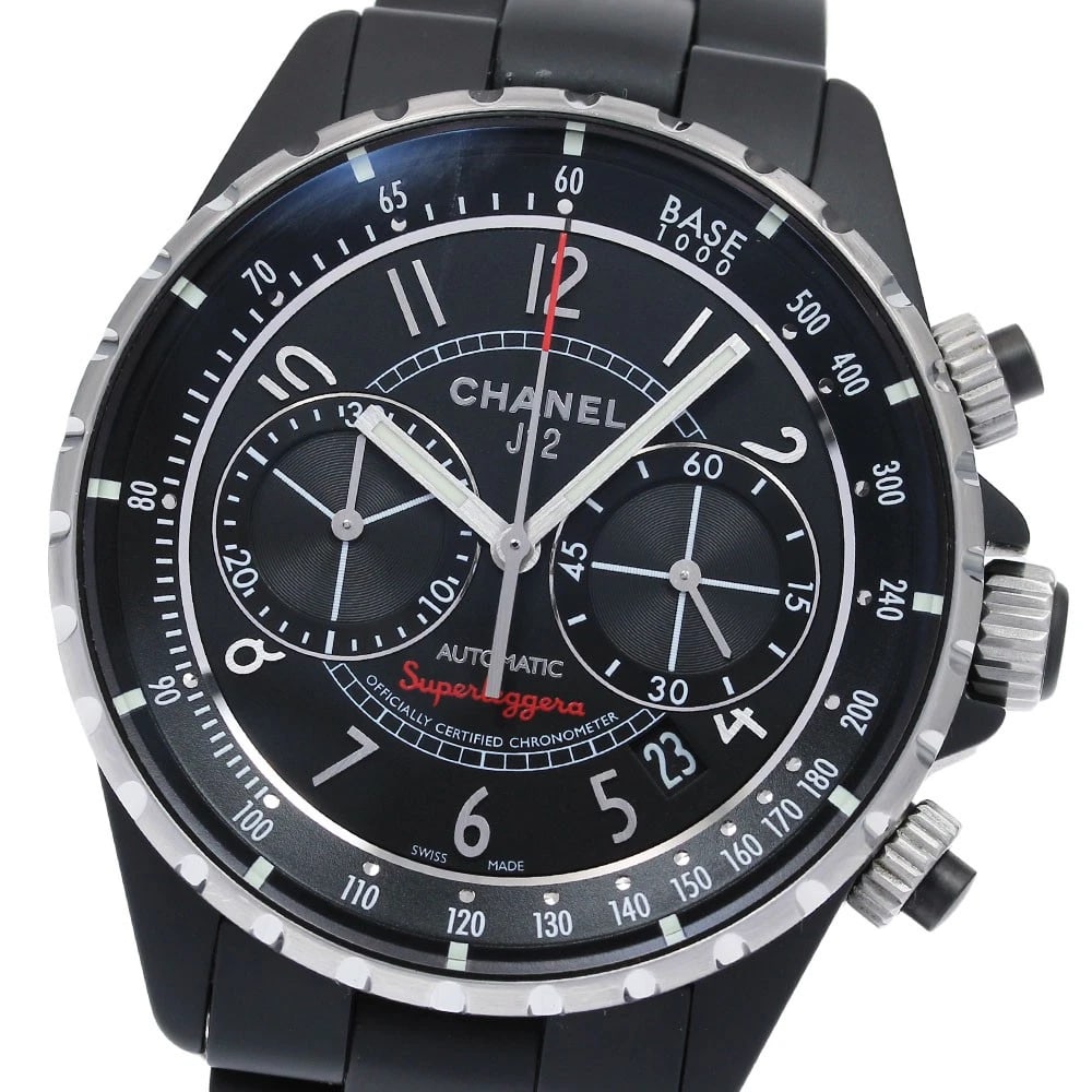 CHANEL J12 SUPER REGGERA CHRONOGRAPH BLACK DIAL AT WATCH: CHANEL J12 Super Reggera Chronograph black Dial AT Watch Brand: CHANEL Type: Wristwatch Material: Band Material Ceramic / Stainless Steel, Case Material Ceramic / Stainless Steel / Ceramic / Stainless