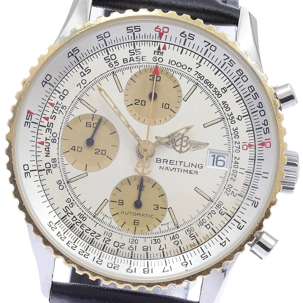 BREITLING OLD NAVITIMER CHRONOGRAPH YG BEZEL AUTOMATIC WATCH: BREITLING Old Navitimer Chronograph YG bezel Automatic Watch Brand: BREITLING Type: Wristwatch Material: Band Material leather, Case Material Stainless Steel/YG Color: Band Color black, Dial Color Sil