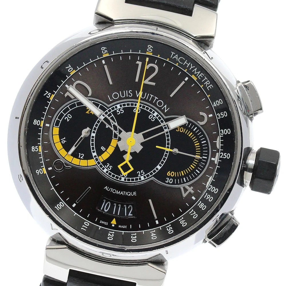 LOUIS VUITTON TAMBOUR CHRONOGRAPH VOYAGE AUTOMATIC WATCH: LOUIS VUITTON Tambour Chronograph Voyage Automatic Watch Brand: LOUIS VUITTON Type: Wristwatch Material: Band Material leather, Case Material Stainless Steel Color: Band Color Brown, Dial Color Brown,