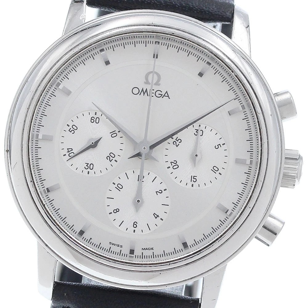 OMEGA CHRONOGRAPH WATCH: OMEGA chronograph Watch Brand: OMEGA Type: Wristwatch Material: Band Material leather, Case Material Stainless Steel / leather Color: Band Color black, Dial Color Silver, Case Color Silver Size: Case 