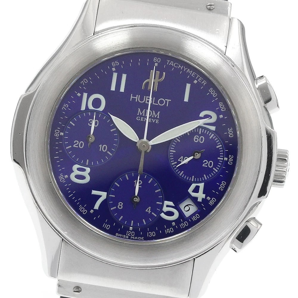 HUBLOT MDM ELEGANT CHRONOGRAPH DATE BLUE DIAL AUTOMATIC MEN'S WATCH: HUBLOT MDM elegant Chronograph Date blue Dial Automatic Men's Watch Brand: HUBLOT Type: Wristwatch Material: Band Material rubber, Case Material Stainless Steel / rubber Color: Band Color black, Dial