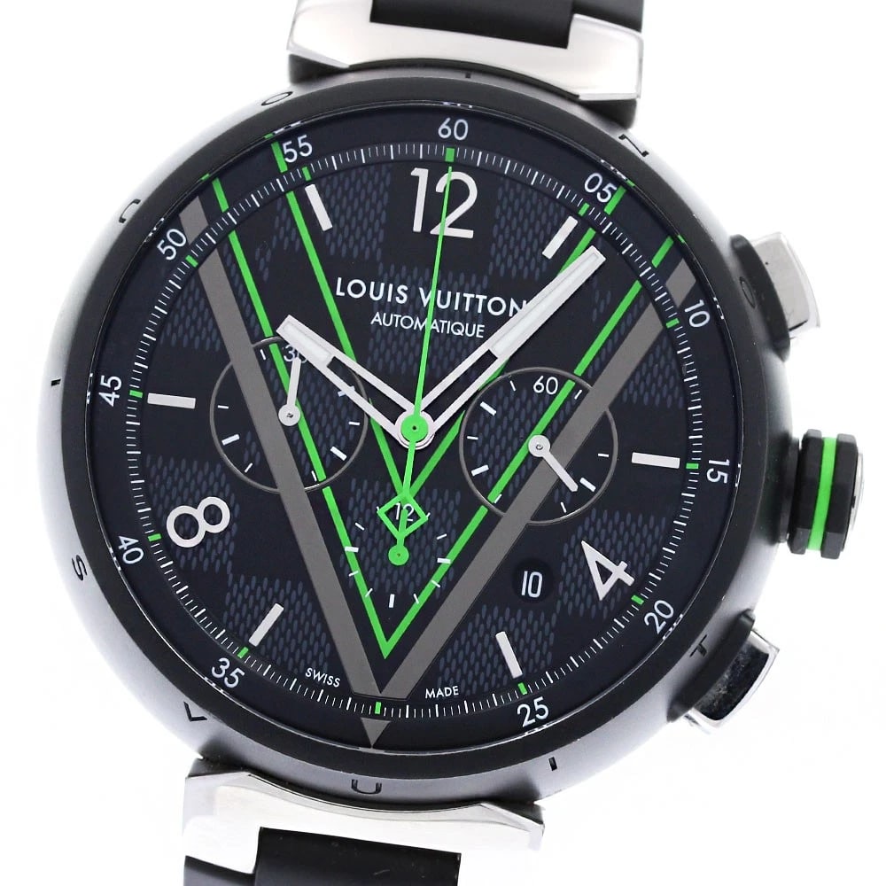 LOUIS VUITTON TAMBOUR AUTOMATIC WATCH: LOUIS VUITTON Tambour Automatic Watch Brand: LOUIS VUITTON Type: Wristwatch Material: Band Material rubber, Case Material Stainless Steel / rubber Color: Band Color black, Dial Color black, Case