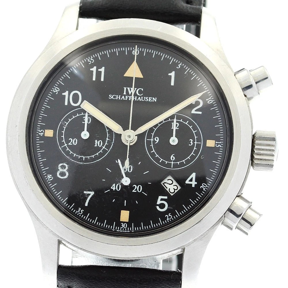 IWC SCHAFFHAUSEN FLIEGER DATE CHRONOGRAPH WATCH: IWC SCHAFFHAUSEN Flieger Date Chronograph Watch Brand: IWC SCHAFFHAUSEN Type: Wristwatch Material: Band Material leather, Case Material Stainless Steel / leather Color: Band Color black, Dial Color