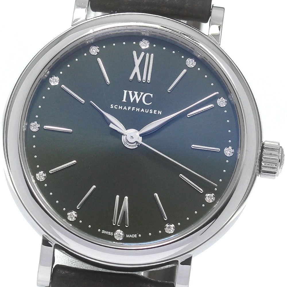 IWC SCHAFFHAUSEN PORTOFINO AUTOMATIC DIAMOND WATCH: IWC SCHAFFHAUSEN Portofino Automatic diamond Watch Brand: IWC SCHAFFHAUSEN Type: Wristwatch Material: Band Material leather, Case Material stainless Steel /leather Color: Band Color black, Dial Color