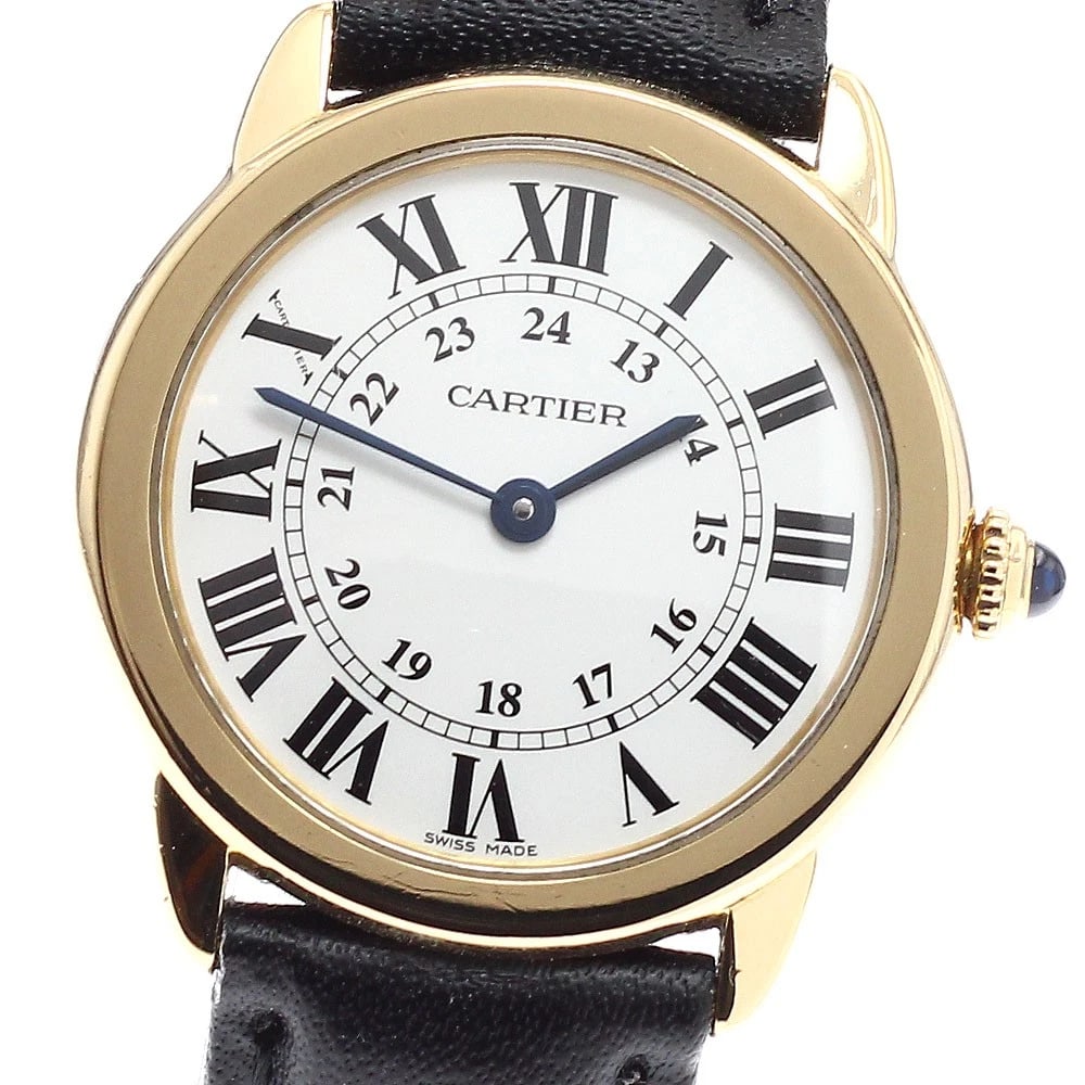 CARTIER RONDE SOLO QUARTZ LADIES WATCH: CARTIER Ronde Solo Quartz Ladies Watch Brand: CARTIER Type: Wristwatch Material: Band Material leather, Case Material K18YG/Stainless Steel / leather Color: Band Color black, Dial Color Silver, Case C