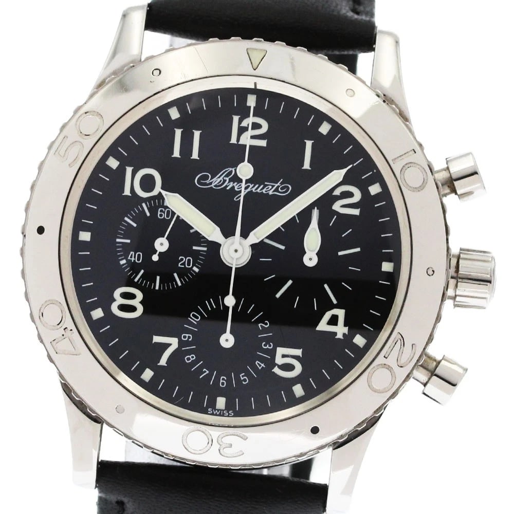 BREGUET AERONAVAL TYPE CHRONOGRAPH AUTOMATIC WATCH: Breguet Aeronaval type Chronograph Automatic Watch Brand: Breguet Type: Wristwatch Material: Band Material leather, Case Material Stainless Steel / leather Color: Band Color black, Dial Color black, C