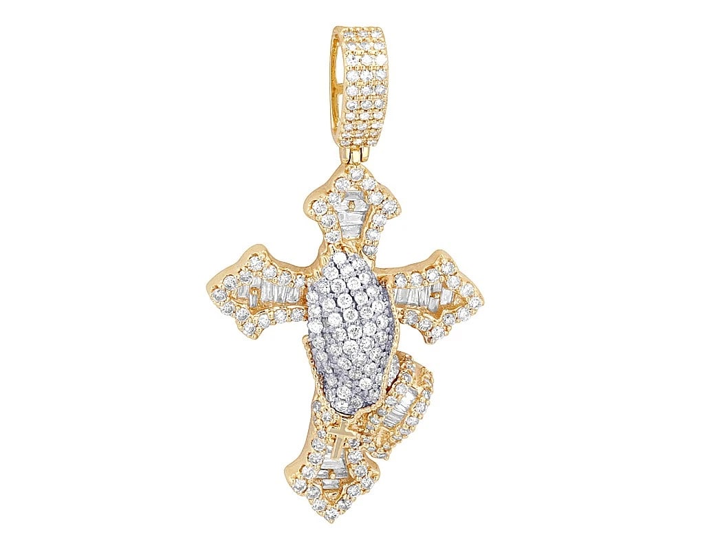 PRAYING HANDS ON CROSS DIAMOND PENDANT 10K YELLOW GOLD: Praying Hands on Cross Diamond Pendant 10K Yellow Gold Brand: None Type: Pendant Material: 10K Yellow-White Gold, Color: Yellow Gold Size: Dimension L 1.8" W 25mm Accessories: None Accessories