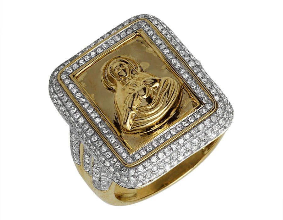 10K YELLOW GOLD MOTHER MARY PAVE SET GENUINE DIAMOND RING: 10K Yellow Gold Mother Mary Pave Set Genuine Diamond Ring Brand: None Type: Ring Material: 10K Yellow Gold, Main Stone/Creation Natural Color: Yellow Gold Size: 10 US Accessories: None Acc