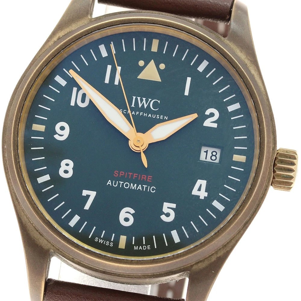 IWC SCHAFFHAUSEN SPITFIRE DATE GREEN DIAL AUTOMATIC WATCH: IWC SCHAFFHAUSEN Spitfire Date green Dial Automatic Watch Brand: IWC SCHAFFHAUSEN Type: Wristwatch Material: Band Material leather, Case Material bronze / leather Color: Band Color Brown, Dial Color g