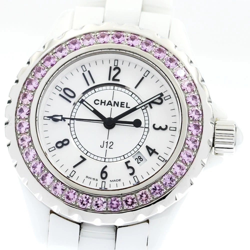 CHANEL PINK SAPPHIRE BEZEL WHITE DIAL QUARTZ LADIES WATCH: CHANEL Pink Sapphire Bezel white Dial Quartz Ladies Watch Brand: CHANEL Type: Wristwatch Material: Band Material Stainless Steel / ceramic, Case Material Stainless Steel / Stainless Steel Color: Band 