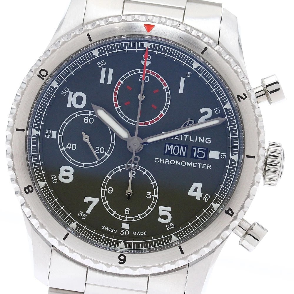 BREITLING AVIATORCHRONOGRAPH GREEN DIAL AUTOMATIC WATCH: BREITLING AviatorChronograph green Dial Automatic Watch Brand: BREITLING Type: Wristwatch Material: Band Material Stainless Steel, Case Material Stainless Steel / Stainless Steel Color: Band Color