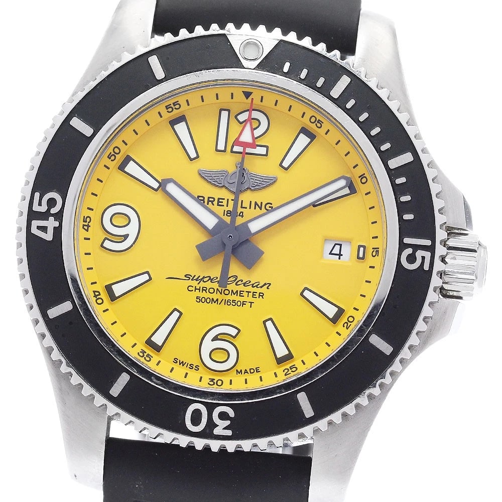 BREITLING SUPER OCEAN DATE YELLOW DIAL AUTOMATIC WATCH: BREITLING Super Ocean Date yellow Dial Automatic Watch Brand: BREITLING Type: Wristwatch Material: Band Material rubber, Case Material Stainless Steel / rubber Color: Band Color black, Dial Color yell