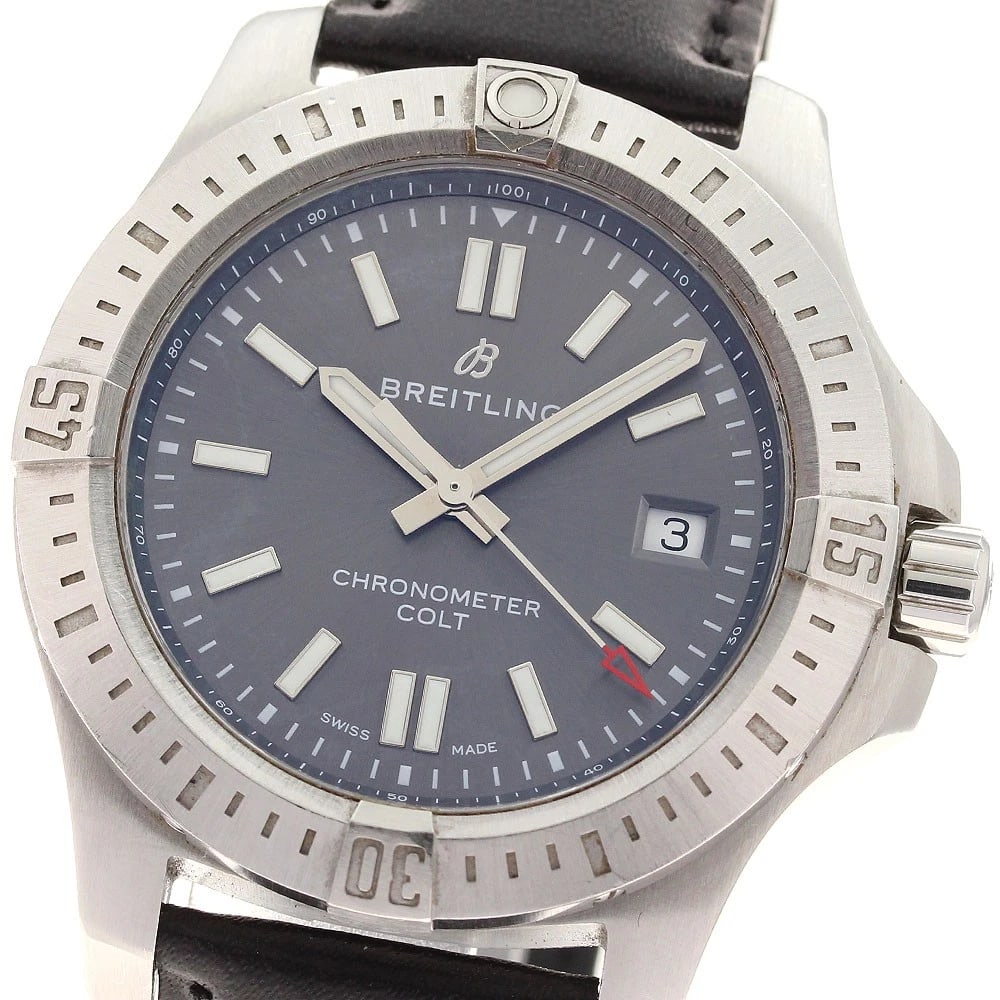 BREITLING COLT DATE CHRONOMETER GRAY DIAL AUTOMATIC WATCH: BREITLING Colt Date chronometer gray Dial Automatic Watch Brand: BREITLING Type: Wristwatch Material: Band Material leather, Case Material Stainless Steel / leather Color: Band Color black, Dial