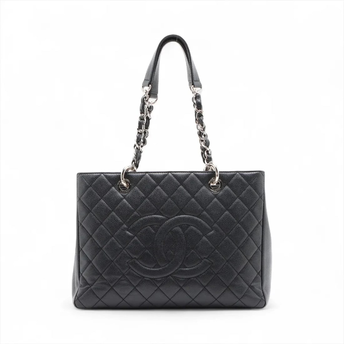 CHANEL GST CAVIAR SKIN CHAIN TOTE BAG: Chanel GST Caviar Skin Chain Tote Bag Brand: Chanel Type: Tote bag Material: Caviar Skin Color: Black Size: Height:9.3inch Length:13.0inch Depth:5.1inch Handle height:9.3inch Accessories: None