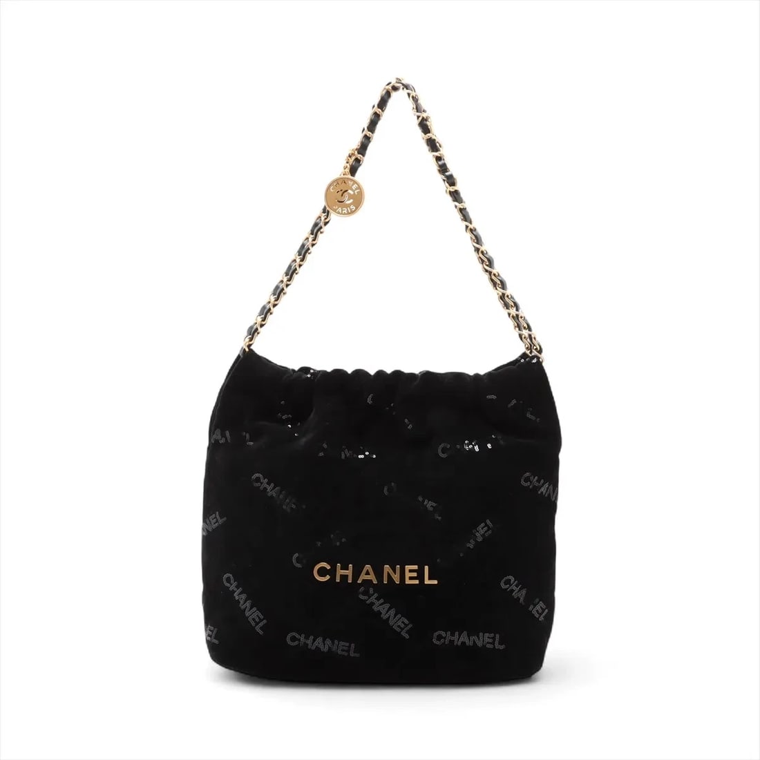 CHANEL 22 SMALL VELOUR X SEQUINS SHOULDER BAG: Chanel 22 Small velour x sequins Shoulder bag Brand: Chanel Type: Shoulder bag Material: velour x sequins Color: Black Size: Height:11.2inchLength:11.4inchDepth:3.1inch Accessories: None A