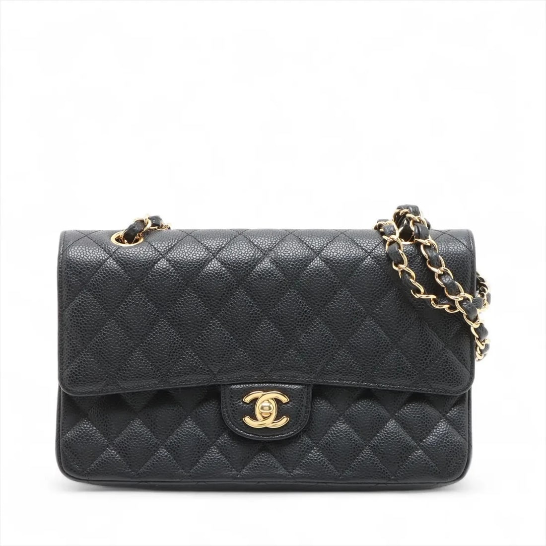 CHANEL MATELASSE 25 GRAINED CALFSKIN DOUBLE FLAP CHAIN BAG: Chanel Matelasse 25 Grained Calfskin Double Flap Chain Bag Brand: Chanel Type: Shoulder bag Material: Caviar Skin Color: Black Size: Height:6.1inchLength:9.8inchDepth:2.4inch Accessories: None