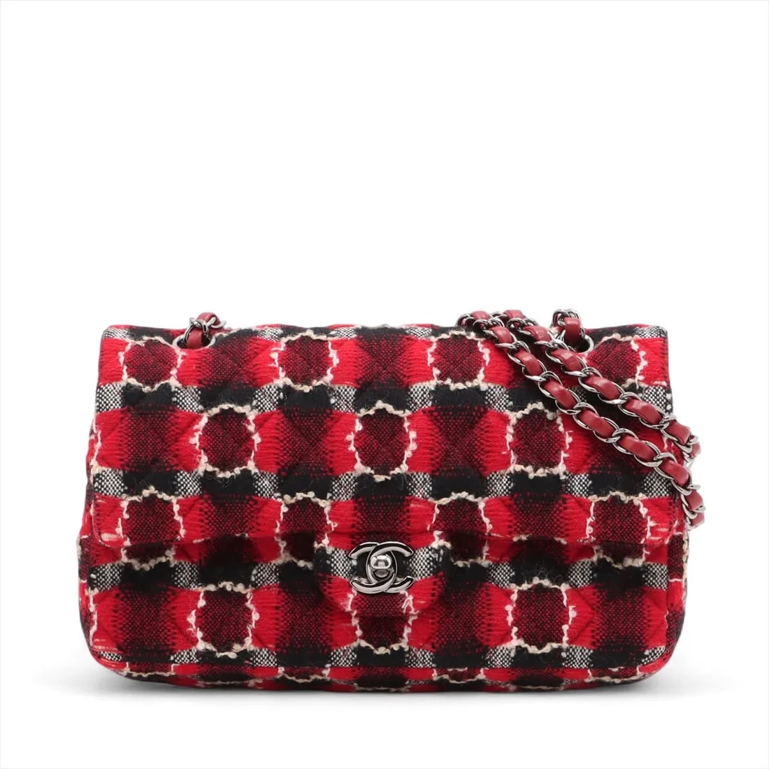 CHANEL MATELASSE 25 TWEED DOUBLE FLAP DOUBLE CHAIN BAG: Chanel Matelasse 25 Tweed Double Flap Double Chain Bag Brand: Chanel Type: Shoulder bag Material: Tweed Color: Red Size: Height:6.3inchLength:10.0inchDepth:2.6inch Accessories: None Access