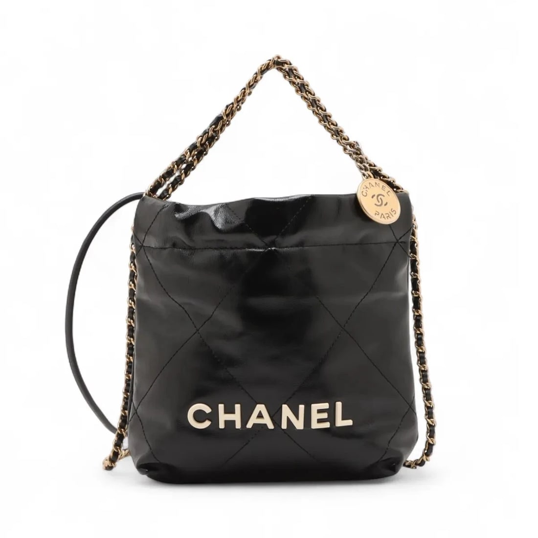 CHANEL 22 MINI SHINY CALFSKIN CHAIN SHOULDER BAG: Chanel 22 mini shiny calfskin Chain Shoulder Bag Brand: Chanel Type: Shoulder bag Material: shiny calfskin Color: Black Size: Height:7.3inchLength:6.7inchDepth:2.2inch Accessories: None Ac