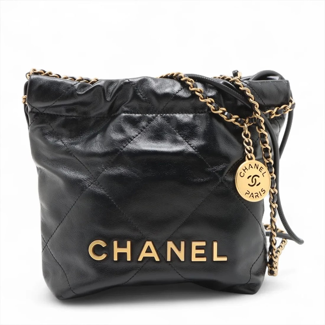 CHANEL 22 MINI SHINY CALFSKIN CHAIN SHOULDER BAG: Chanel 22 mini shiny calfskin Chain Shoulder Bag Brand: Chanel Type: Shoulder bag Material: shiny calfskin Color: Black Size: Height:7.5inch Length:6.7inch Depth:2.6inch Handle height:2.6inch Acce
