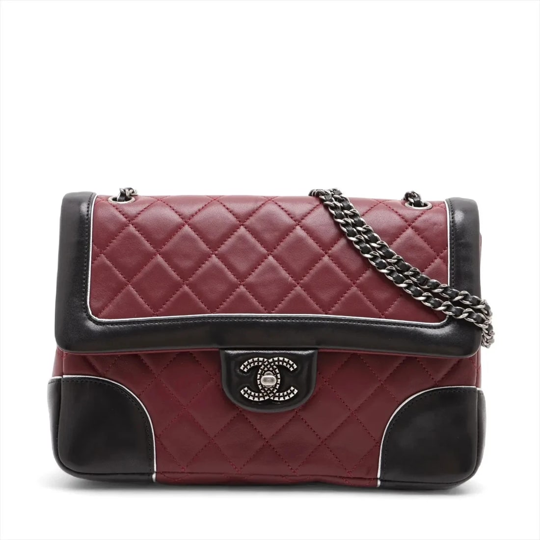 CHANEL MATELASSE LAMBSKIN SINGLE FLAP DOUBLE CHAIN BAG: Chanel Matelasse Lambskin Single Flap Double Chain Bag Brand: Chanel Type: Shoulder bag Material: Lambskin Color: Brown x black Size: Height:7.1inchLength:9.8inchDepth:2.0inch Accessories: None