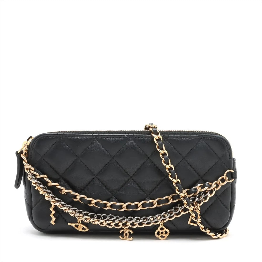 CHANEL MATELASSE LAMBSKIN CHAIN WALLET BLACK: Chanel Matelasse Lambskin Chain Wallet Black Brand: Chanel Type: Shoulder bag Material: Lambskin Color: Black Size: Height:3.5inchLength:7.1inchDepth:1.0inch Accessories: None Accessories