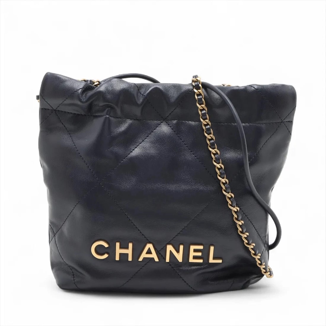 CHANEL 22 MINI SHINY CALFSKIN CHAIN SHOULDER BAG: Chanel 22 Mini shiny calfskin Chain Shoulder Bag Brand: Chanel Type: Shoulder bag Material: shiny calfskin Color: Navy Blue Size: Height:7.3inch Length:6.7inch Depth:2.4inch Handle height:3.0inch