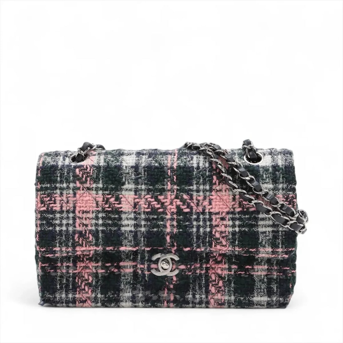 CHANEL MATELASSE 25 TWEED DOUBLE FLAP DOUBLE CHAIN BAG: Chanel Matelasse 25 Tweed Double Flap Double Chain Bag Brand: Chanel Type: Shoulder bag Material: Tweed Color: Multicolor Size: Height:6.3inchLength:9.8inchDepth:2.8inch Accessories: None