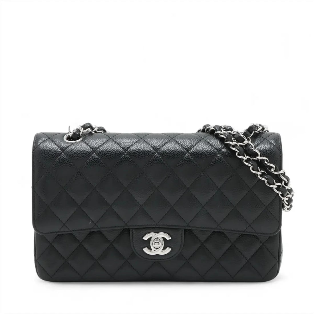 CHANEL MATELASSE 25 GRAINED CALFSKIN DOUBLE FLAP CHAIN BAG: Chanel Matelasse 25 Grained Calfskin Double Flap Chain Bag Brand: Chanel Type: Shoulder bag Material: Caviar Skin Color: Black Size: Height:6.1inchLength:9.8inchDepth:2.4inch Accessories: None