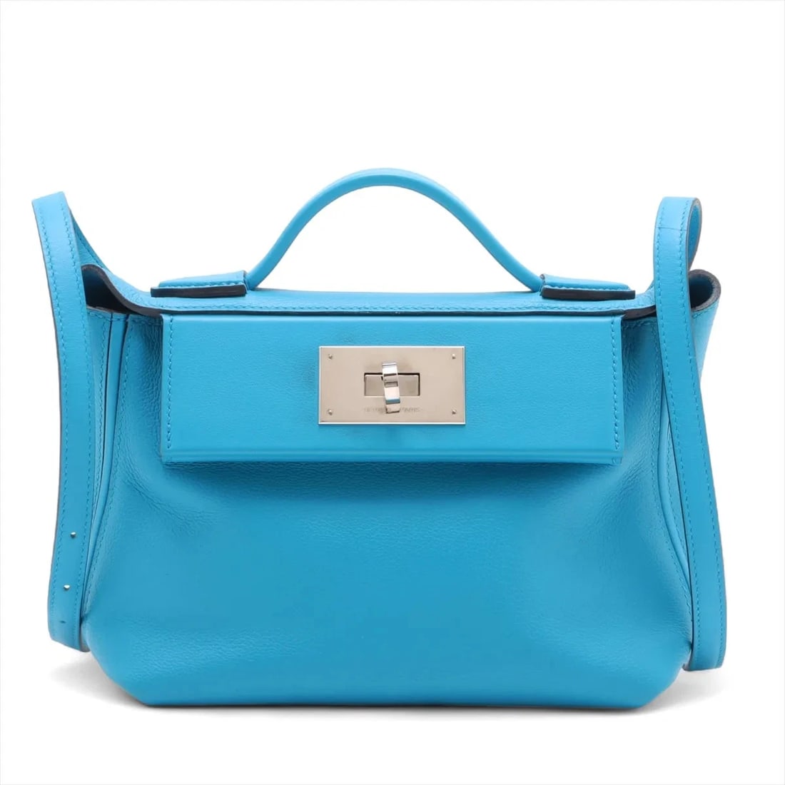 HERMES SACKS LE VINGT CUATRE 24/24 MINI 21 EVERCOLOR: Hermes sacks Le Vingt Cuatre 24/24 mini 21 Evercolor Brand: Hermès Type: Hand bag Material: Evercolor x Veau Swift Color: Blue Frida Size: Height:6.3inch Length:8.3inch Depth:4.5inch Handle height:1.