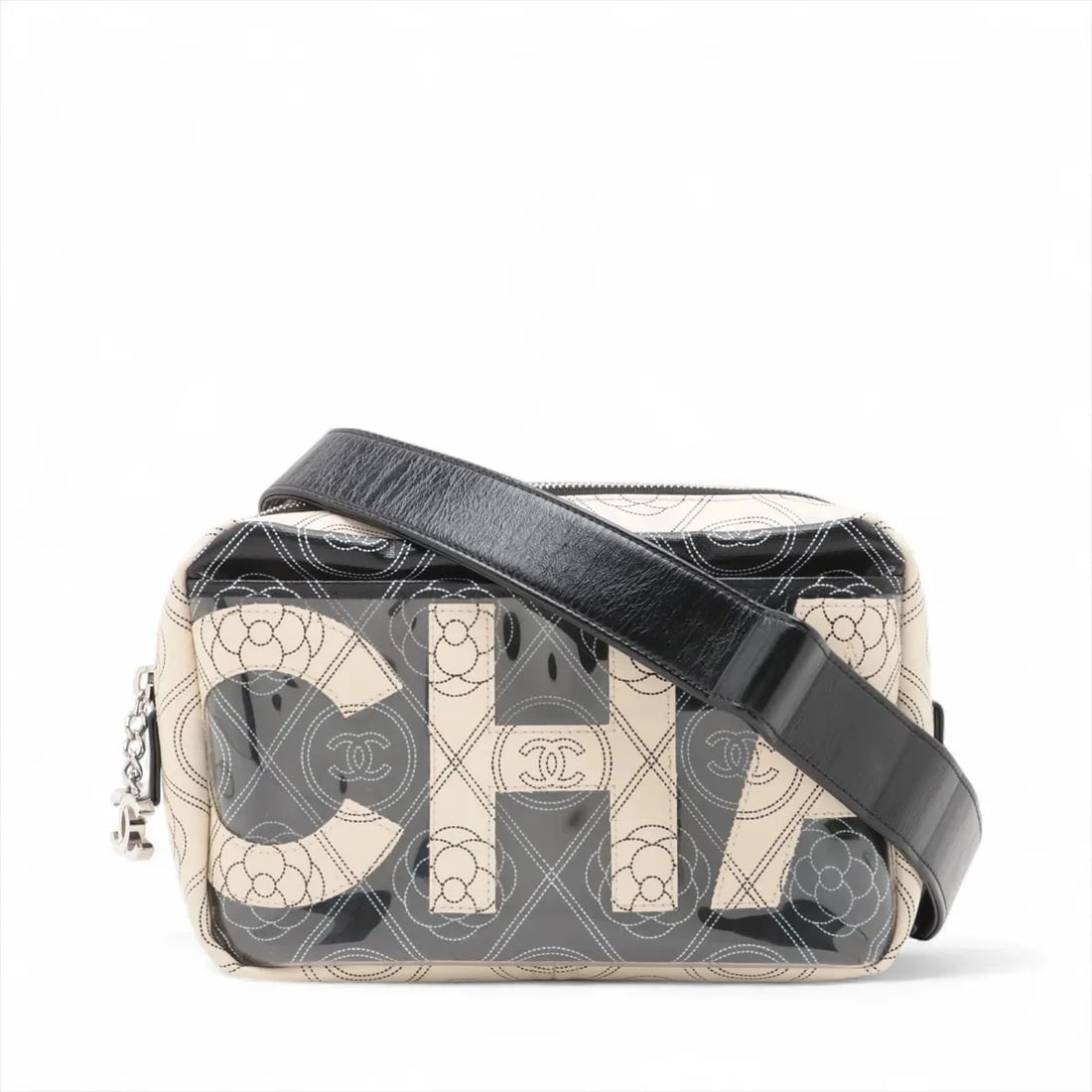 CHANEL CAMELIA COATED CANVAS X VINYL SHOULDER BAG: Chanel Camelia Coated canvas x vinyl Shoulder bag Brand: Chanel Type: Shoulder bag Material: Coated canvas x vinyl Color: Black x Beige Size: Height:5.9inchLength:8.7inchDepth:1.8inch Accessories: