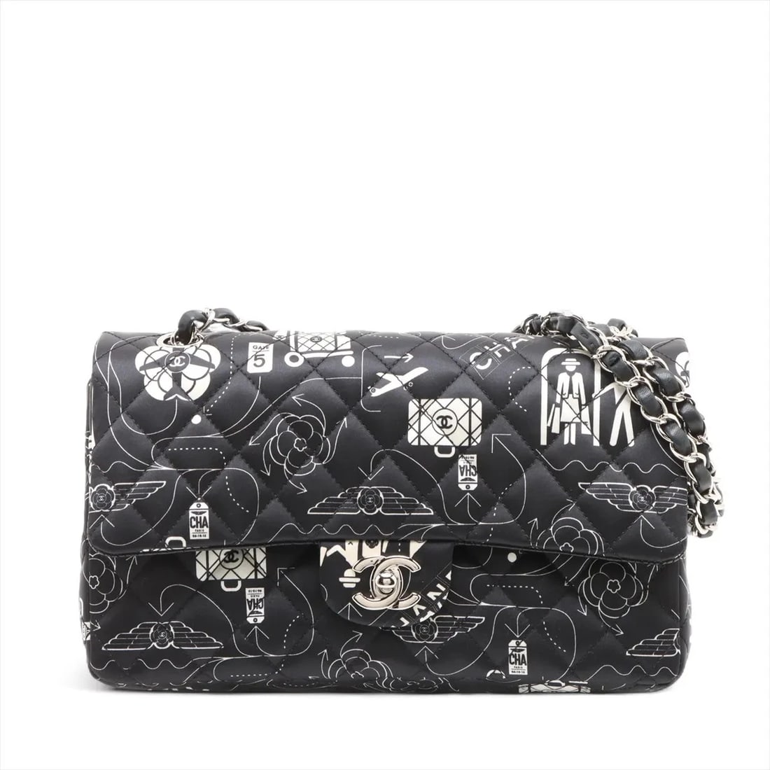 CHANEL MATELASSE 25 SATIN DOUBLE FLAP DOUBLE CHAIN BAG: Chanel Matelasse 25 Satin Double Flap Double Chain Bag Brand: Chanel Type: Shoulder bag Material: Satin Color: Black Size: Height:5.9inchLength:9.8inchDepth:2.4inch Accessories: None Acces