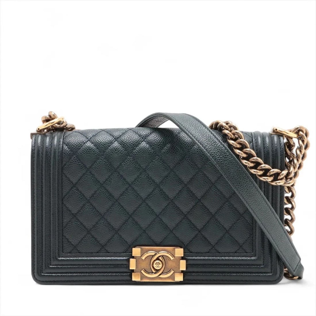 CHANEL BOY 25 GRAINED CALFSKIN CHAIN SHOULDER BAG: Chanel BOY 25 Grained Calfskin Chain Shoulder Bag Brand: Chanel Type: Shoulder bag Material: Caviar Skin Color: Navy Blue Size: Height:5.7inchLength:9.8inchDepth:3.0inch Accessories: None Accessories