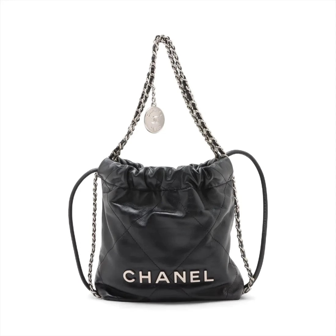 CHANEL 22 MINI SHINY CALFSKIN CHAIN SHOULDER BAG: Chanel 22 Mini shiny calfskin Chain Shoulder Bag Brand: Chanel Type: Shoulder bag Material: shiny calfskin Color: Black Size: Height:7.5inchLength:6.7inchDepth:2.6inch Accessories: None Ac