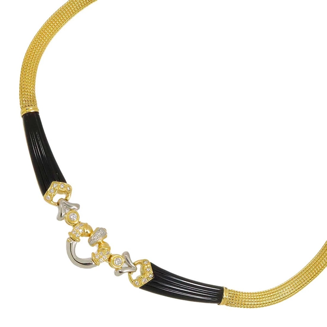 DIAMOND SAPPHIRE ONYX NECKLACE PT 18K YG: Diamond Sapphire Onyx Necklace Pt 18K YG Brand: None Type: Necklace Material: 750 Yellow Gold,Platinum, Main Stone/Creation Diamond Sapphire Onyx Color: Yellow Gold Size: internal circumference of