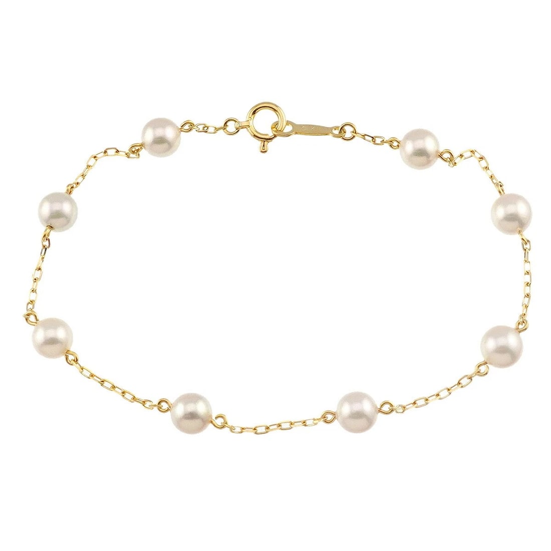 MIKIMOTO AKOYA PEARLBRACELET 18K YG: MIKIMOTO Akoya PearlBracelet 18K YG Brand: MIKIMOTO Type: Bracelet Material: 750 Yellow Gold, Main Stone/Creation Akoya Pearl Color: Gold Size: Inner circumference 6.5inch Width:(max.) 5.1mm Acces