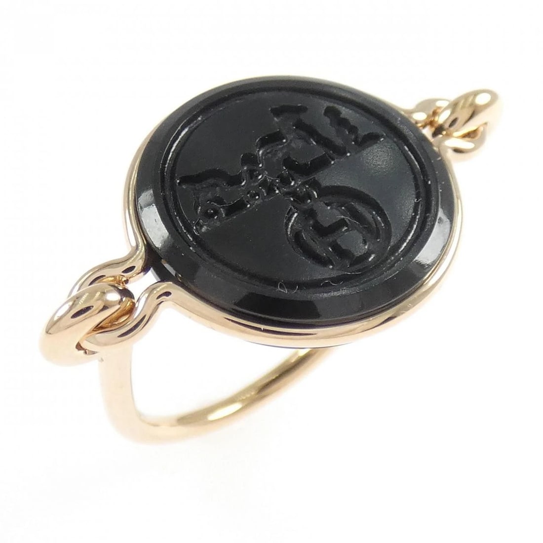 HERMES EXLIBRIS RING: Hermes Exlibris Ring Brand: HERMES Type: Hermes Ring Material: 750 Pink Gold, Main Stone/Creation Jade Color: Pink Gold Size: US5 3/4 Accessories: None Accessories Notice: When purchasing pre-owned