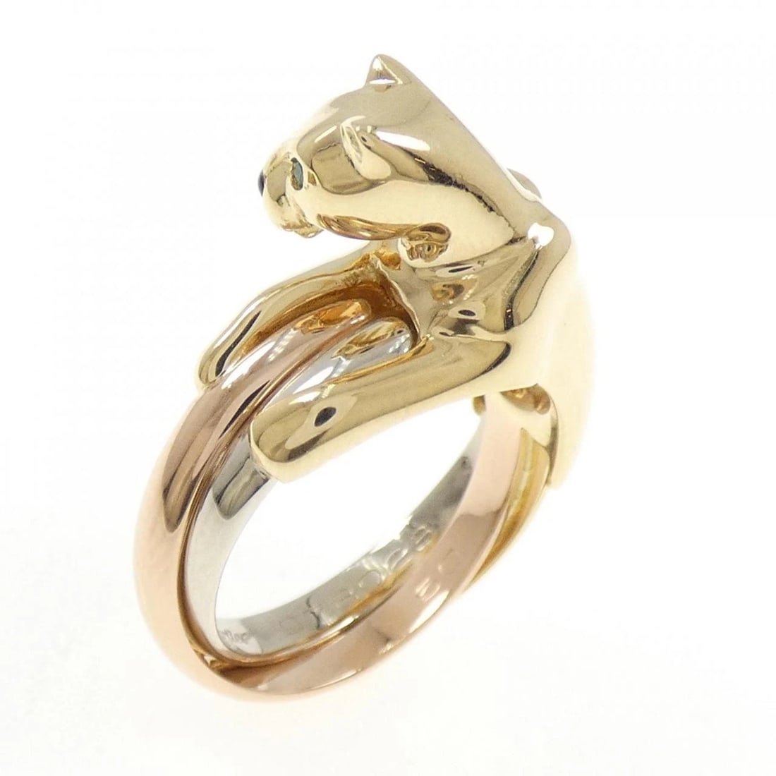 CARTIER PANTHERE RING: Cartier PANTHERE Ring Brand: CARTIER Type: Cartier Ring Material: 750 Yellow Gold/750 White Gold/750 Pink Gold, Main Stone/Creation Emerald Color: Yellow Gold White Gold Pink Gold Size: US5 1/4