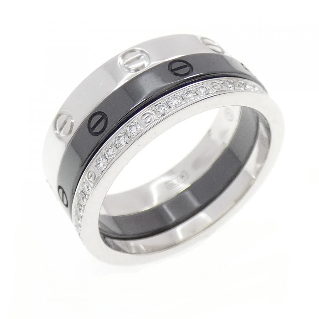 CARTIER LOVE RING THREE HOOPS: Cartier Love Ring Three Hoops Brand: CARTIER Type: Cartier Ring Material: 750 white gold/ceramic, Color: white gold Size: US5 3/4 Accessories: None Accessories Notice: When purchasing pre-