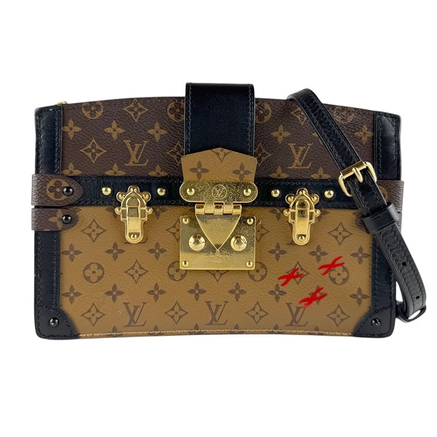 LOUIS VUITTON MONOGRAM REVERSE TRUNK CROSSBODY BAG: LOUIS VUITTON Monogram Reverse Trunk Crossbody Bag Brand: LOUIS VUITTON Type: Crossbody Shoulder Bag Material: Monogram Canvas Color: Brown / Black Size: W:8.3inx H:5.9inx D:1.6in Accessories: Non