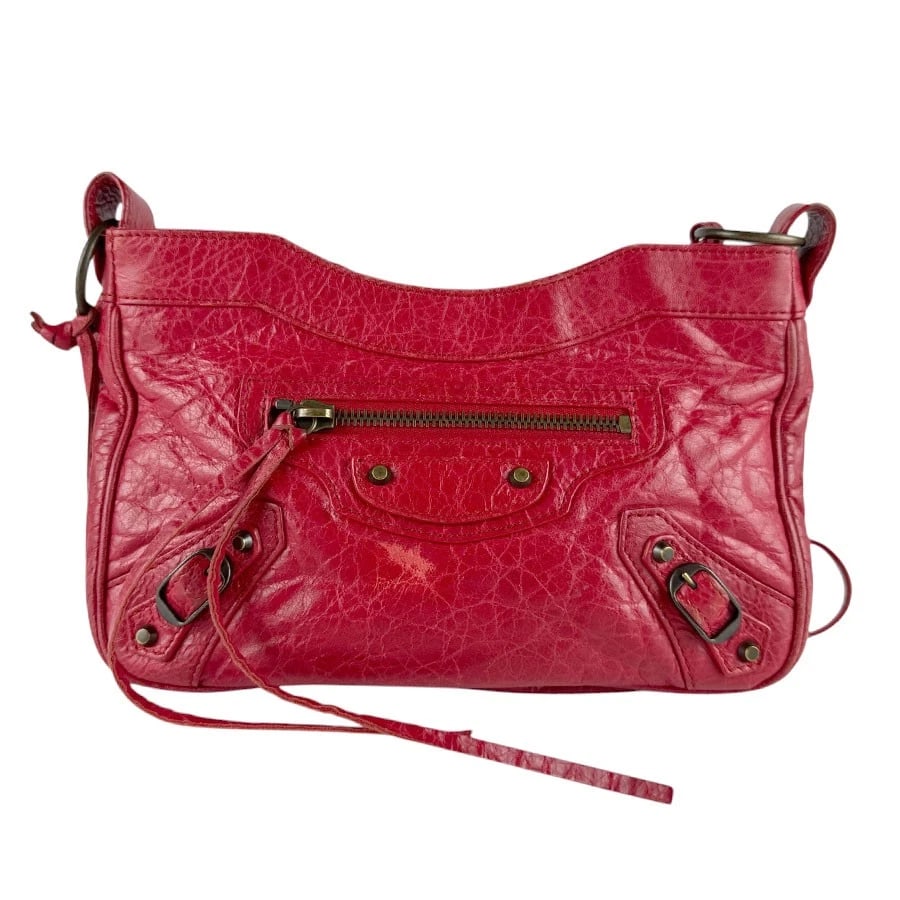 BALENCIAGA THE HIP CROSSBODY SHOULDER BAG: BALENCIAGA The Hip Crossbody Shoulder Bag Brand: BALENCIAGA Type: Crossbody Shoulder Bag Material: Leather Color: Red Size: W:8.7inx H:5.1inx D:2.0in Accessories: None Accessories Notice:
