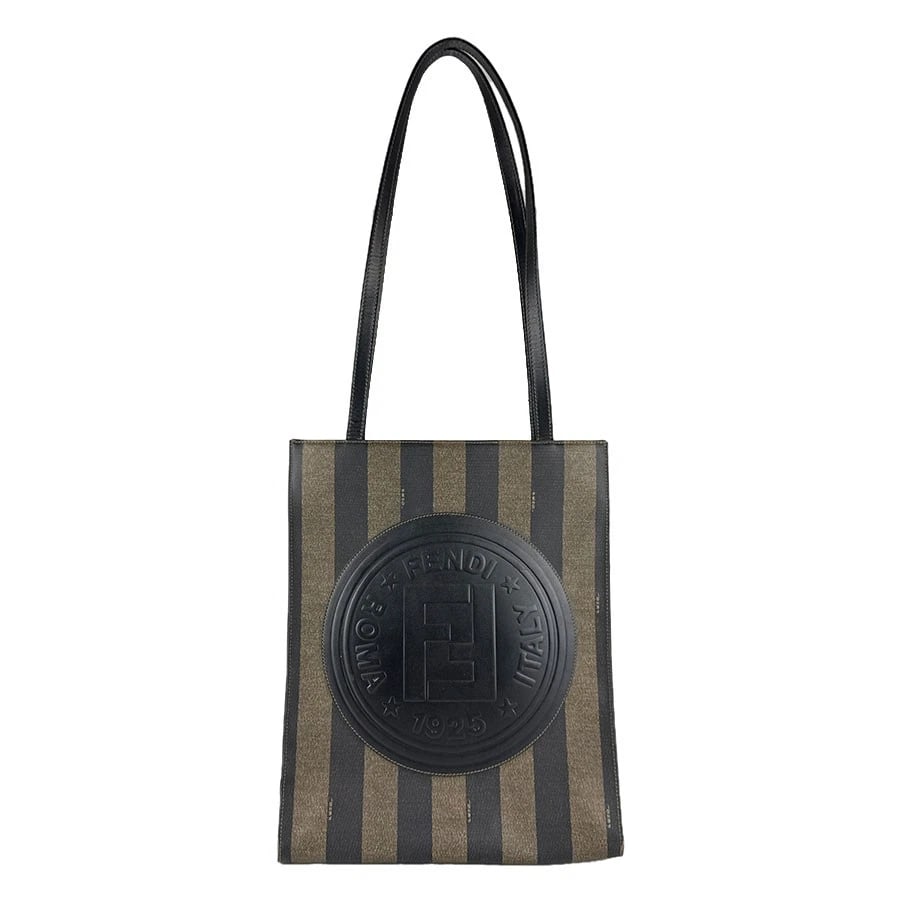 FENDI PECAN SHOULDER BAG BROWN/BLACK PVC/LEATHER: FENDI Pecan Shoulder Bag Brown/Black PVC/Leather Brand: FENDI Type: Shoulder Bag Material: PVC Coated Canvas Color: Brown / Black Size: W:11.0inx H:13.8inx D:3.9in Accessories: None Access