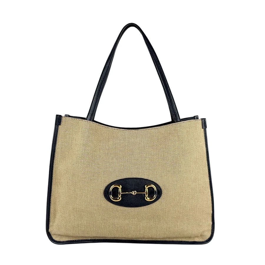 GUCCI HORSEBIT SHOULDER BAG BEIGE/NAVY CANVAS/LEATHER: GUCCI Horsebit Shoulder Bag Beige/Navy Canvas/Leather Brand: GUCCI Type: Shoulder Bag Material: Canvas/Leather Color: Beige / Navy Size: W:13.8inx H:9.8inx D:5.1in Accessories: None Access