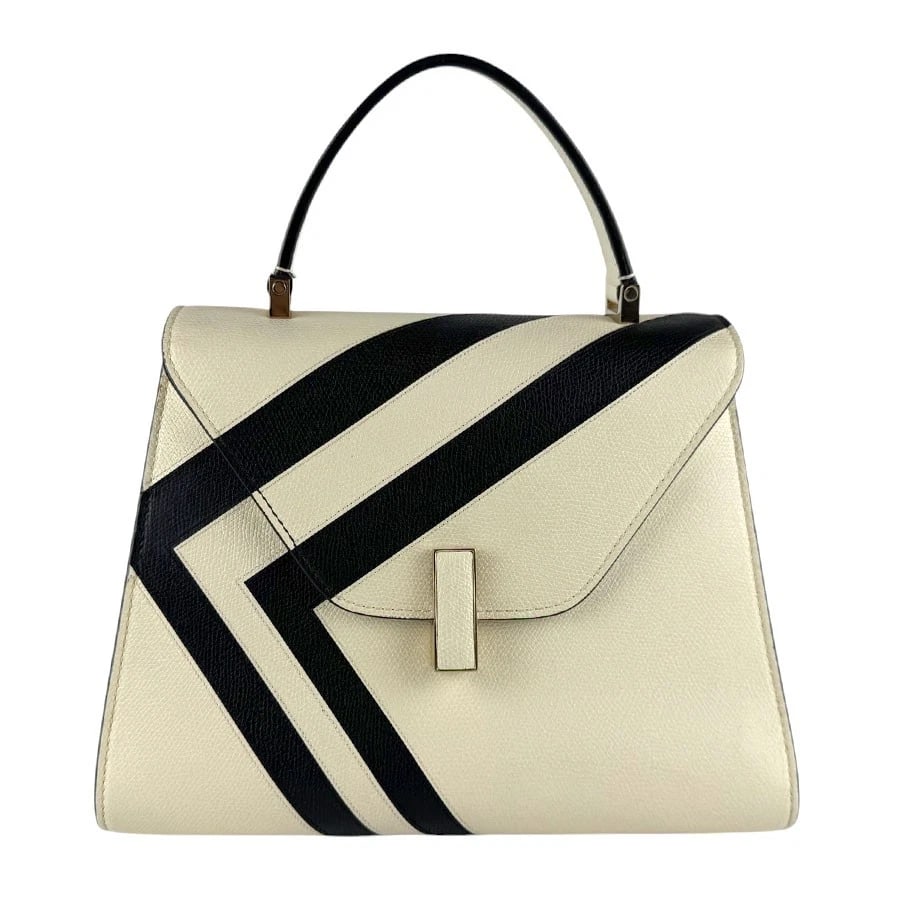 VALEXTRA ISIDE HANDBAG SHOULDER BAG OFF WHITE/BLACK: Valextra Iside Handbag Shoulder Bag Off White/Black Brand: Valextra Type: Handbag Material: Leather Color: Off White/Black Size: W:10.2inx H:8.7inx D:3.9in Handle Length:9.8in Accessories: None
