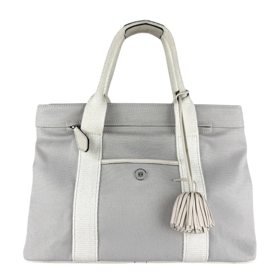 LOEWE HANDBAG SHOULDER BAG LIGHT GRAY/WHITE CANVAS: LOEWE Handbag Shoulder Bag Light Gray/White Canvas Brand: LOEWE Type: Handbag Material: Canvas Color: Light Gray / White Size: W:11.8inx H:8.3inx D:5.5in Handle Length:15.0in Accessories: None