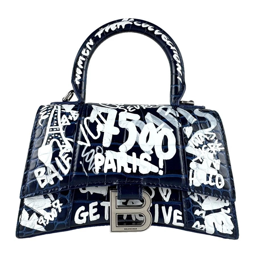 BALENCIAGA HOURGLASS XS HANDBAG SHOULDER BAG: BALENCIAGA Hourglass XS Handbag Shoulder Bag Brand: BALENCIAGA Type: Handbag Material: Embossed Leather Color: Navy / White Size: W:7.5inx H:4.3inx D:2.8in Handle Length:8.7in Accessories: None