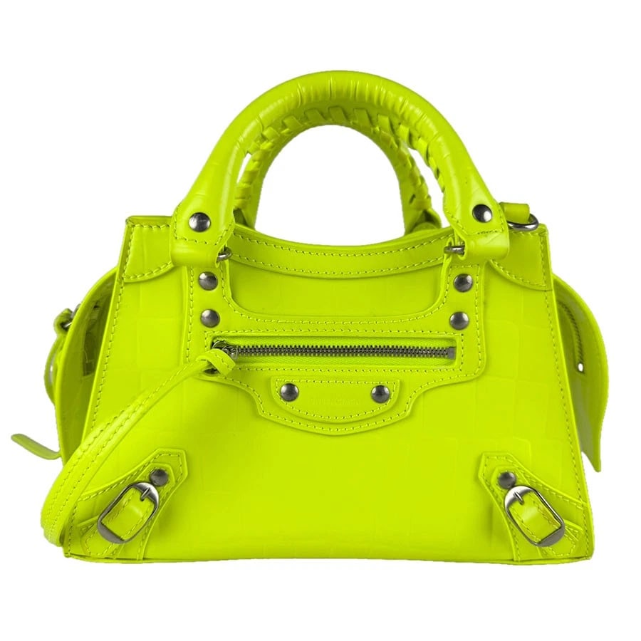 BALENCIAGA NEO CLASSIC CITY MINI HANDBAG: BALENCIAGA Neo Classic City Mini Handbag Brand: BALENCIAGA Type: Handbag Material: Embossed Leather Color: Neon Yellow Size: W:8.7inx H:5.1inx D:3.5in Handle Length:8.7in Accessories: None